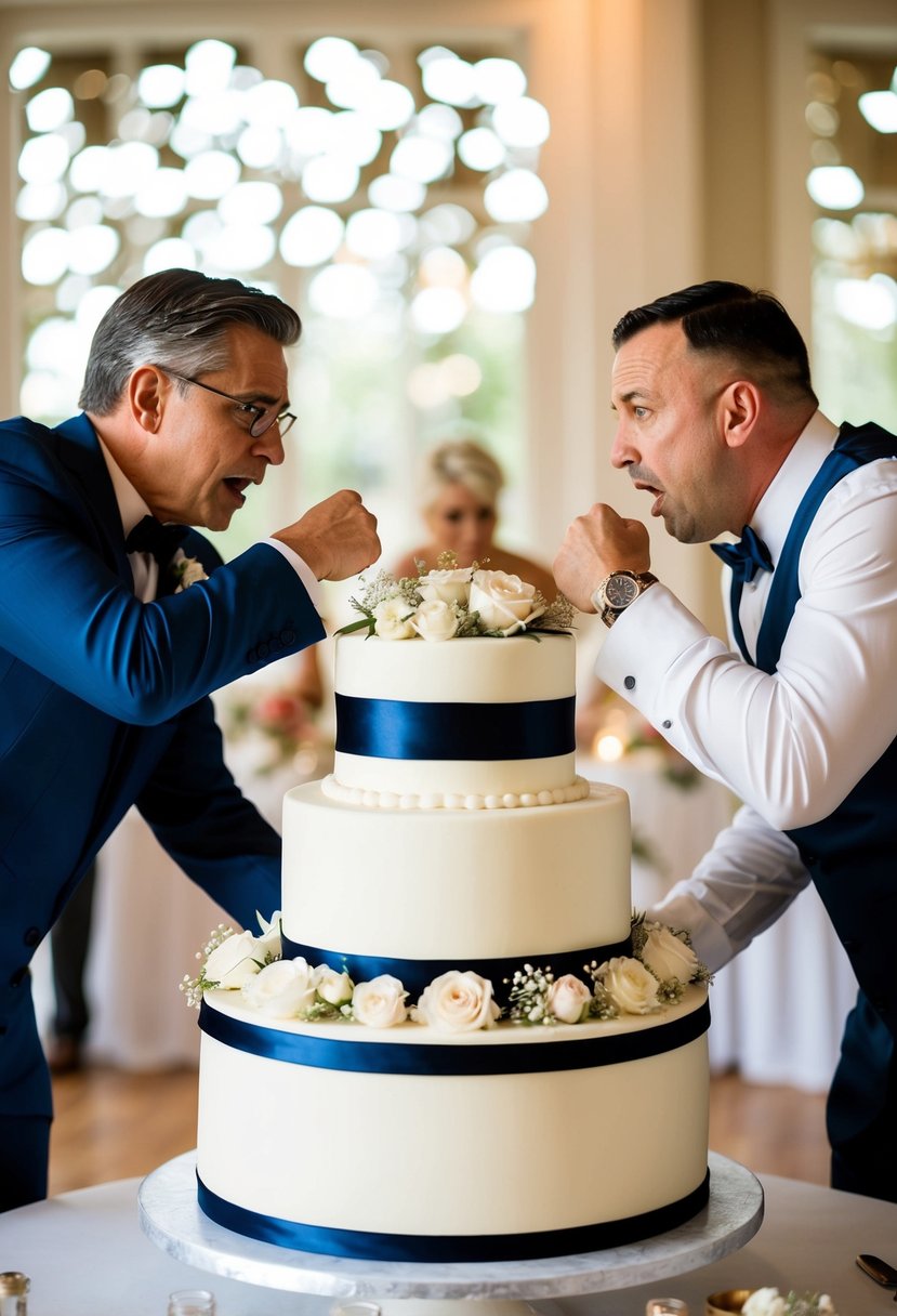 Two families argue over wedding details, pulling in opposite directions on a giant wedding cake