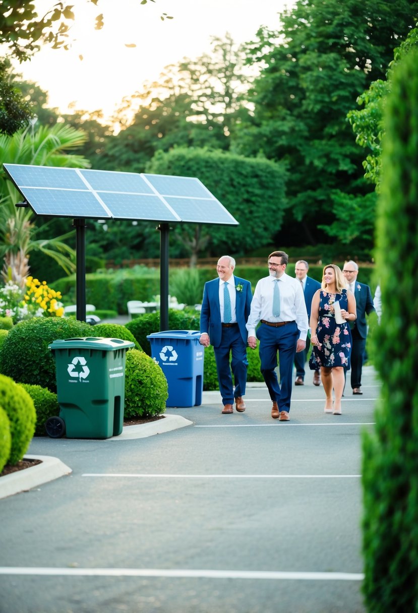 A lush garden venue with solar panels and recycling bins. Guests walk from nearby parking lot