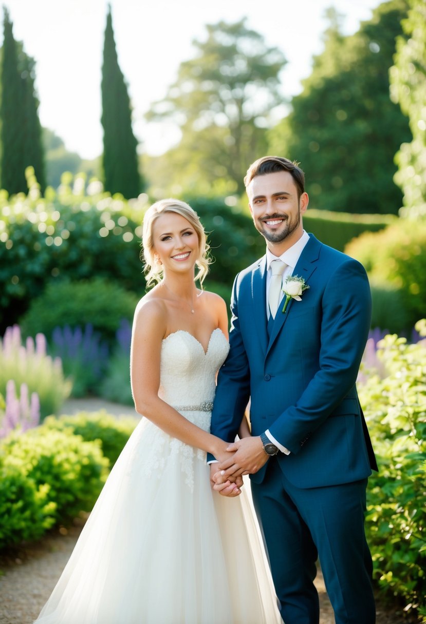 A bride and groom posing in a beautiful garden, smiling and holding hands, with soft natural lighting and a romantic atmosphere