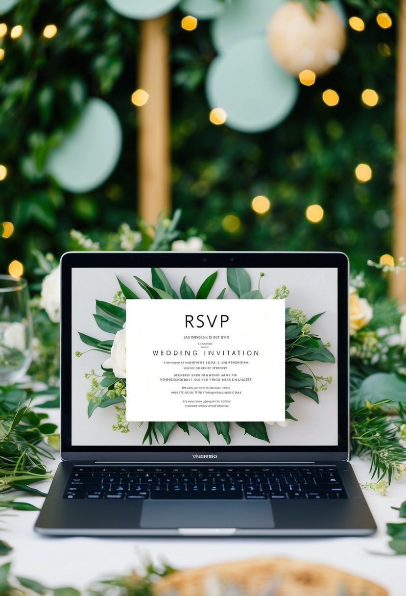 A laptop displaying a wedding invitation with a "RSVP" button, surrounded by greenery and eco-friendly decorations