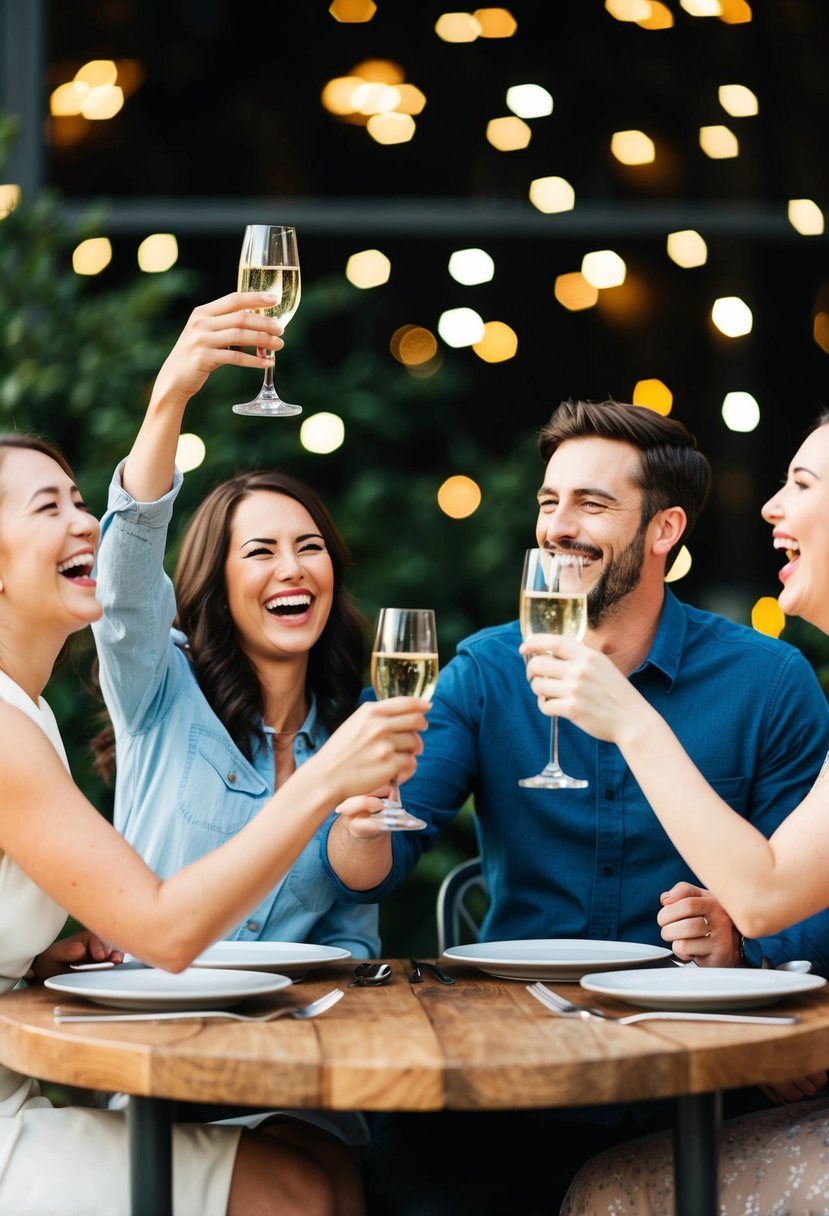 A couple sitting at a table, surrounded by laughter and joy, raising their glasses in celebration