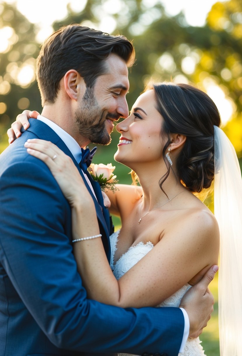 A couple sharing a warm embrace, gazing into each other's eyes with genuine affection, surrounded by a beautiful wedding setting