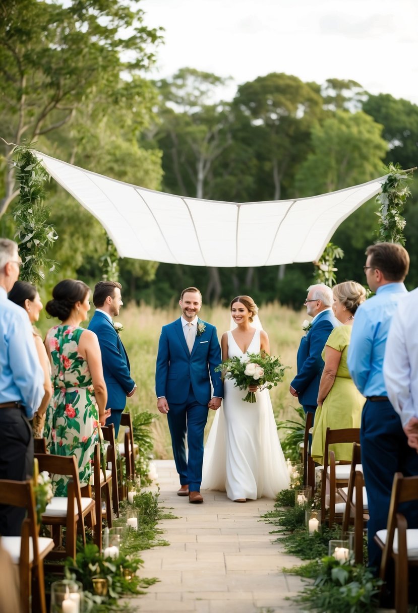 A serene outdoor wedding ceremony with guests dressed in eco-friendly attire made from sustainable materials. The bride and groom stand under a canopy of recycled fabric, surrounded by nature