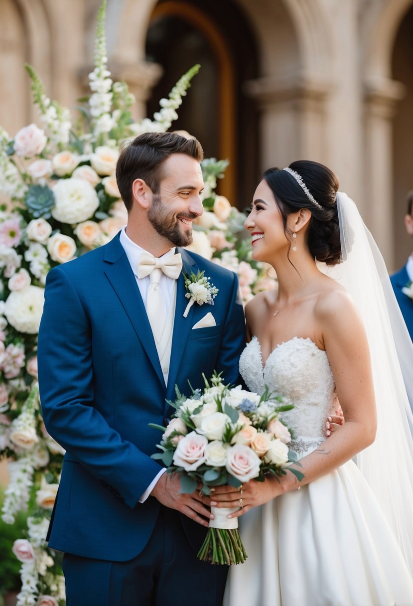 A bride and groom standing close, smiling at each other, surrounded by beautiful flowers and elegant decor