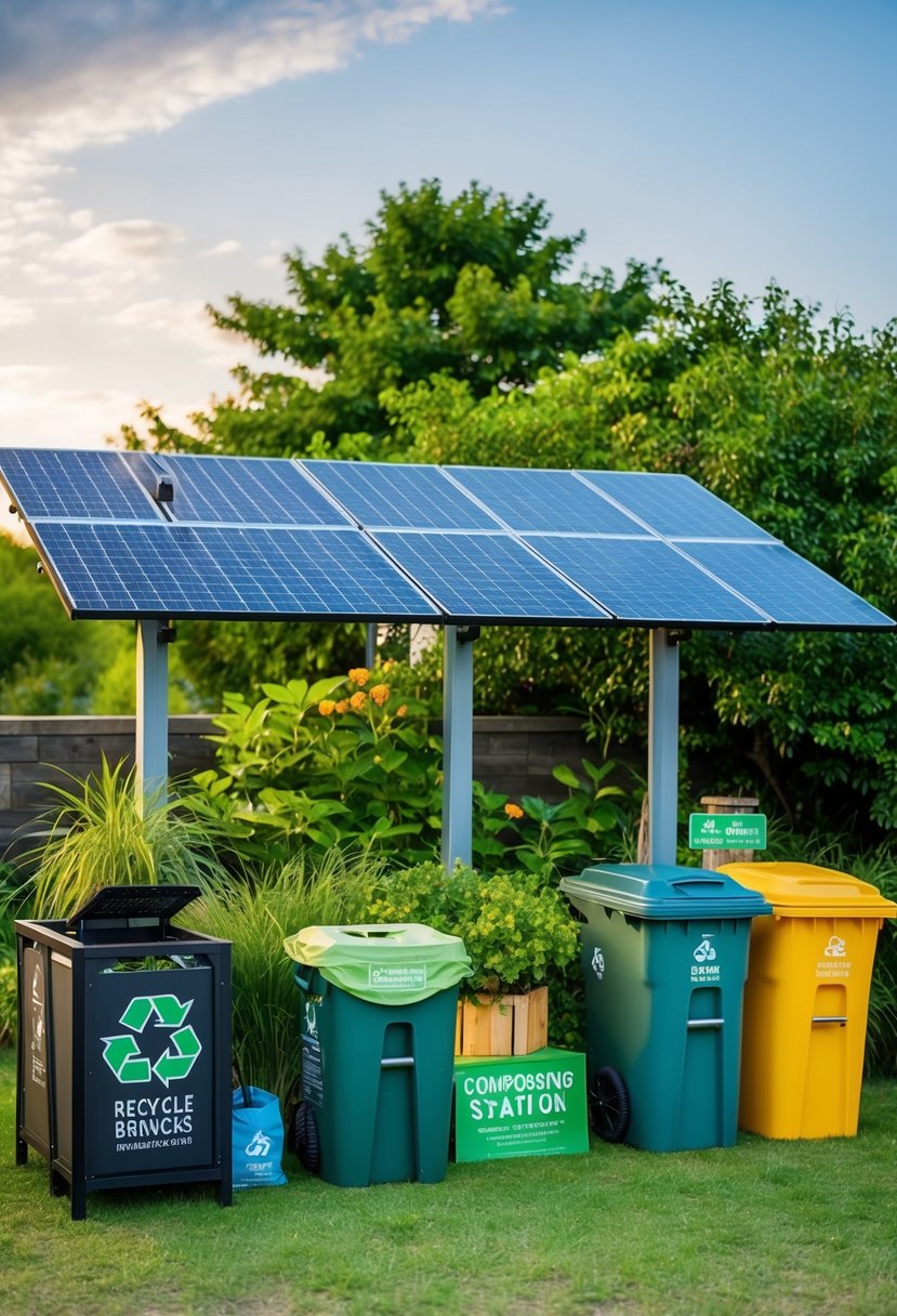 A serene outdoor setting with solar panels, recycling bins, and lush greenery. A composting station and reusable decor add to the eco-friendly ambiance