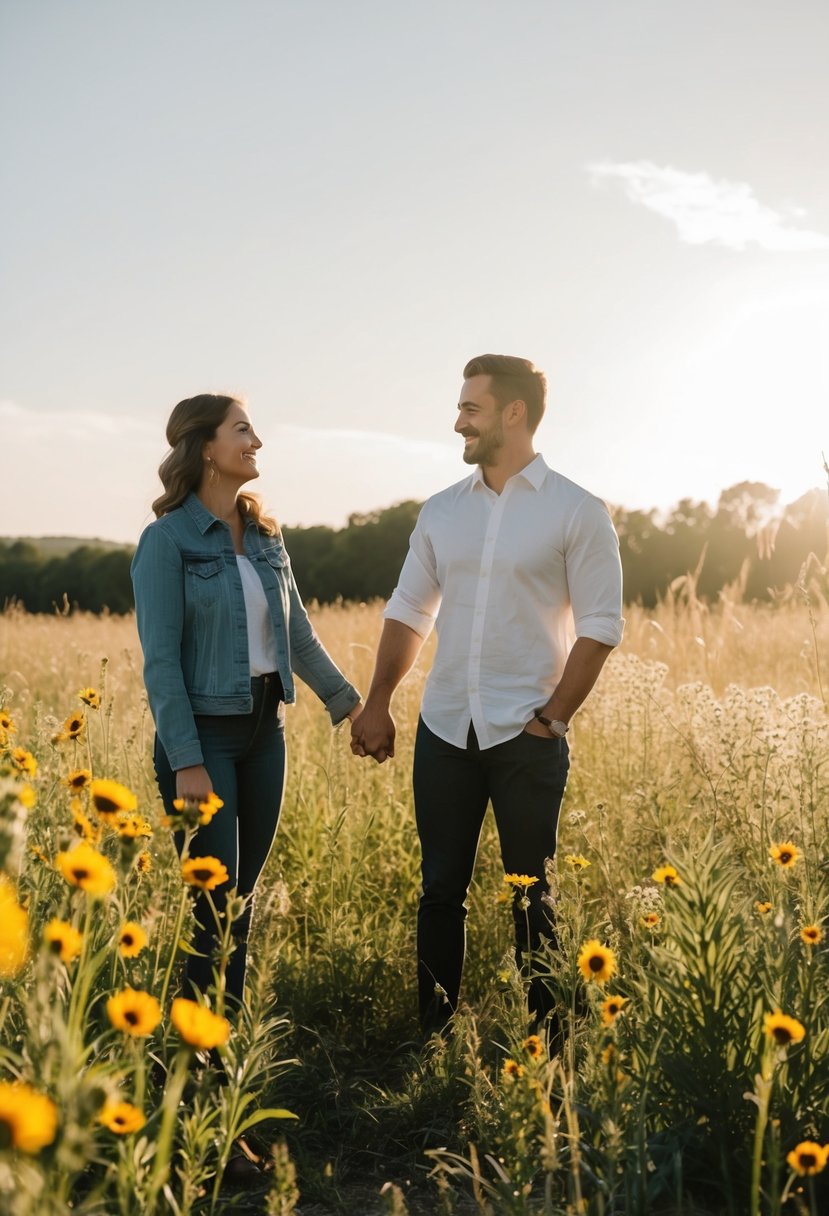 A couple stands in a sun-drenched field, holding hands and smiling at each other. Wildflowers and tall grasses surround them, creating a romantic and natural backdrop for their pre-wedding shoot