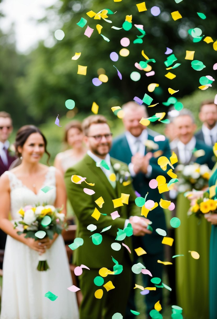 Colorful biodegradable confetti falling on a green, eco-friendly wedding ceremony