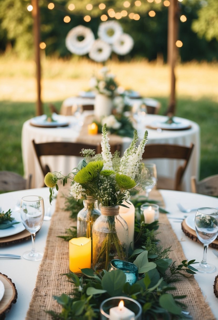 A rustic outdoor wedding with repurposed decor, featuring recycled materials and eco-friendly elements