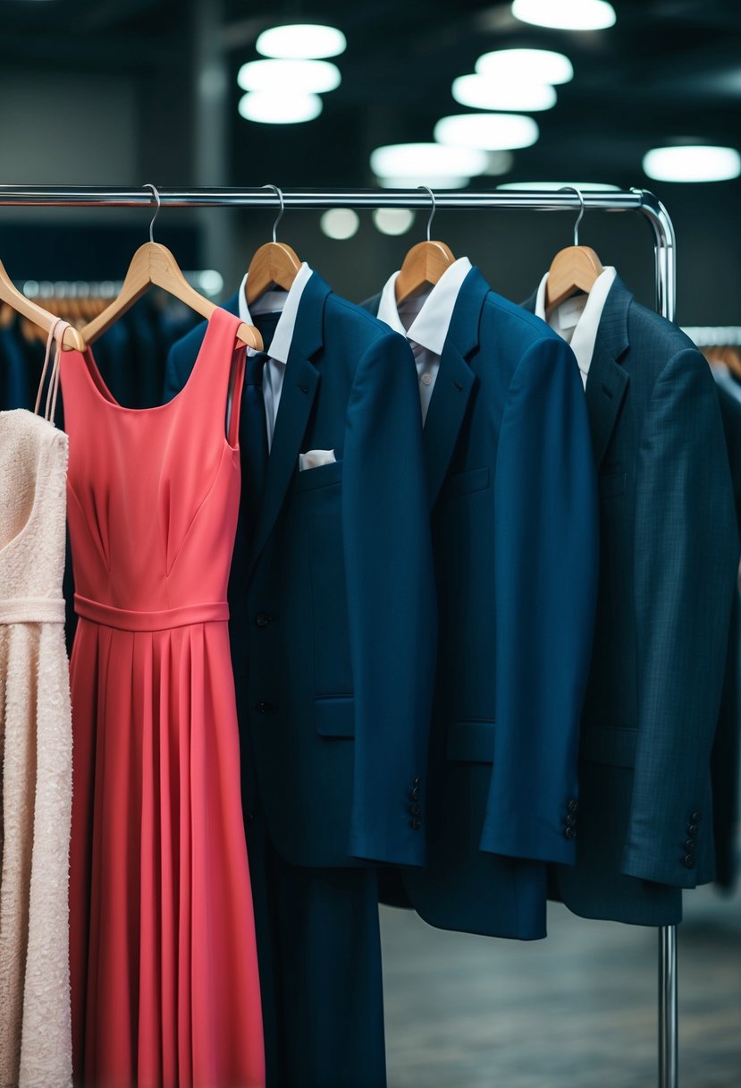 A dress and suit hanging side by side on a clothing rack