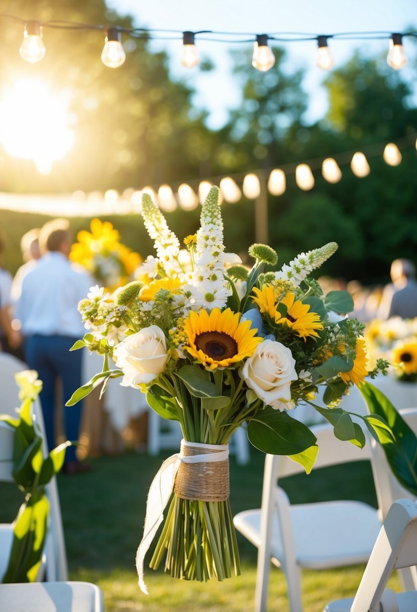 A sunny outdoor wedding with solar-powered lights, reusable decor, and locally sourced flowers