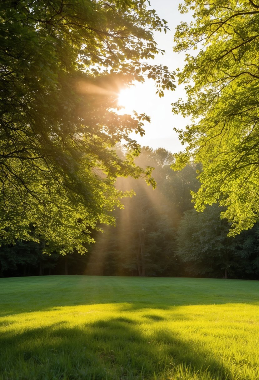 Soft golden light filters through a canopy of trees, casting dappled shadows on a grassy clearing. The sun is low in the sky, creating a warm, romantic atmosphere for wedding photos