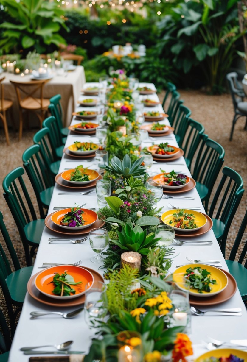 A lush garden setting with a long table adorned with colorful plant-based dishes and surrounded by sustainable decor, such as reusable tableware and eco-friendly centerpieces