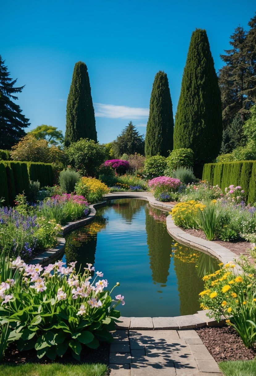 A serene garden with blooming flowers and a tranquil pond, surrounded by tall trees and a clear blue sky