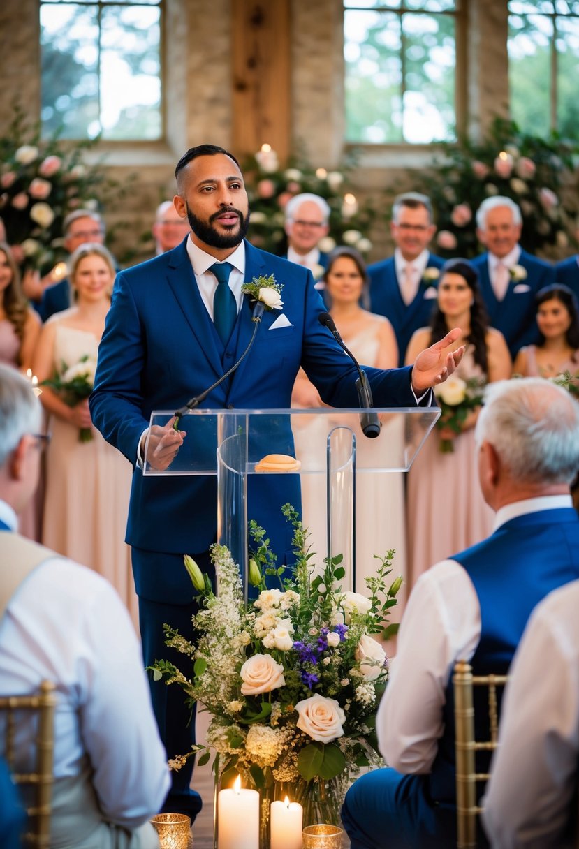 A man standing at a podium, surrounded by flowers and candles, addressing a crowd of wedding guests with a heartfelt and emotional speech for his brother