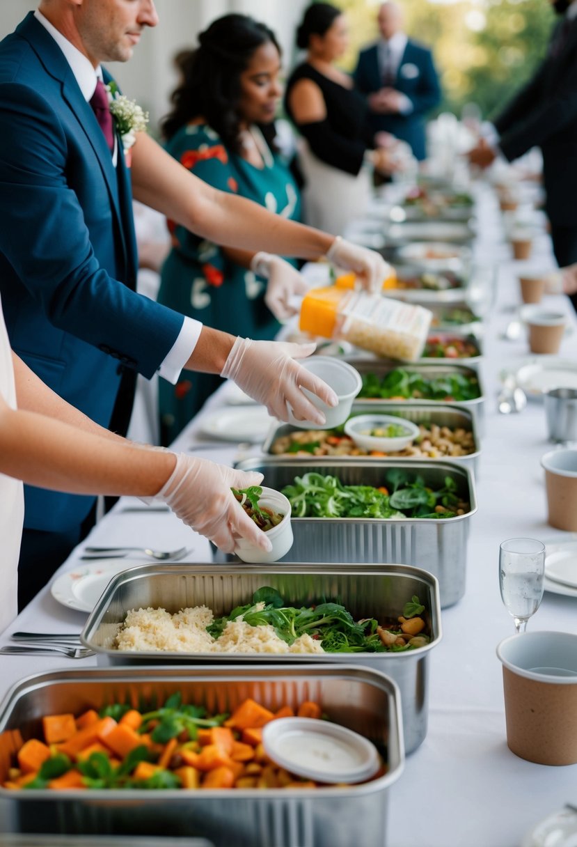 A wedding banquet table with assorted leftover food being collected into sustainable containers for donation