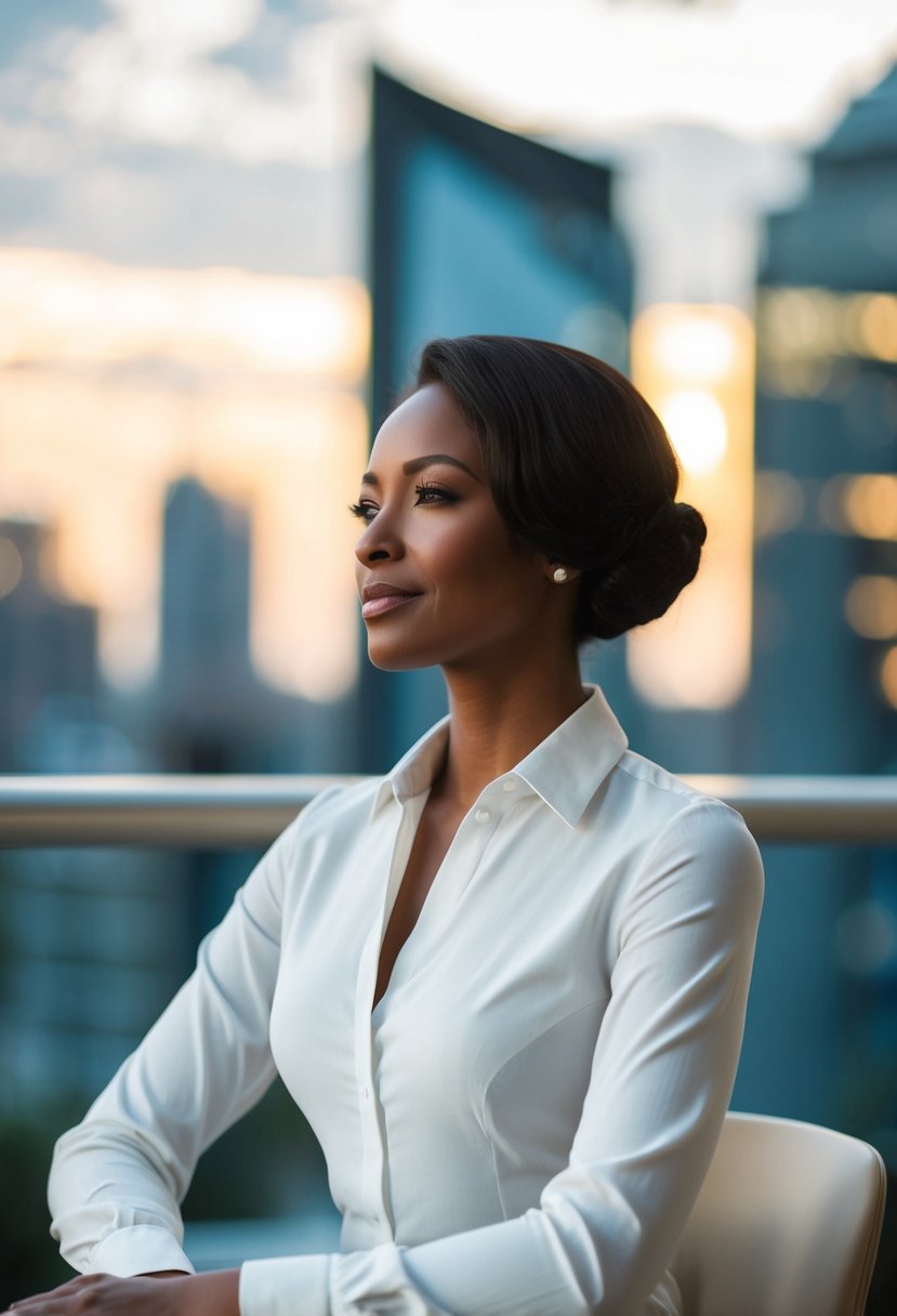 A person sitting with proper posture, shoulders back, and head held high, appearing confident and elegant