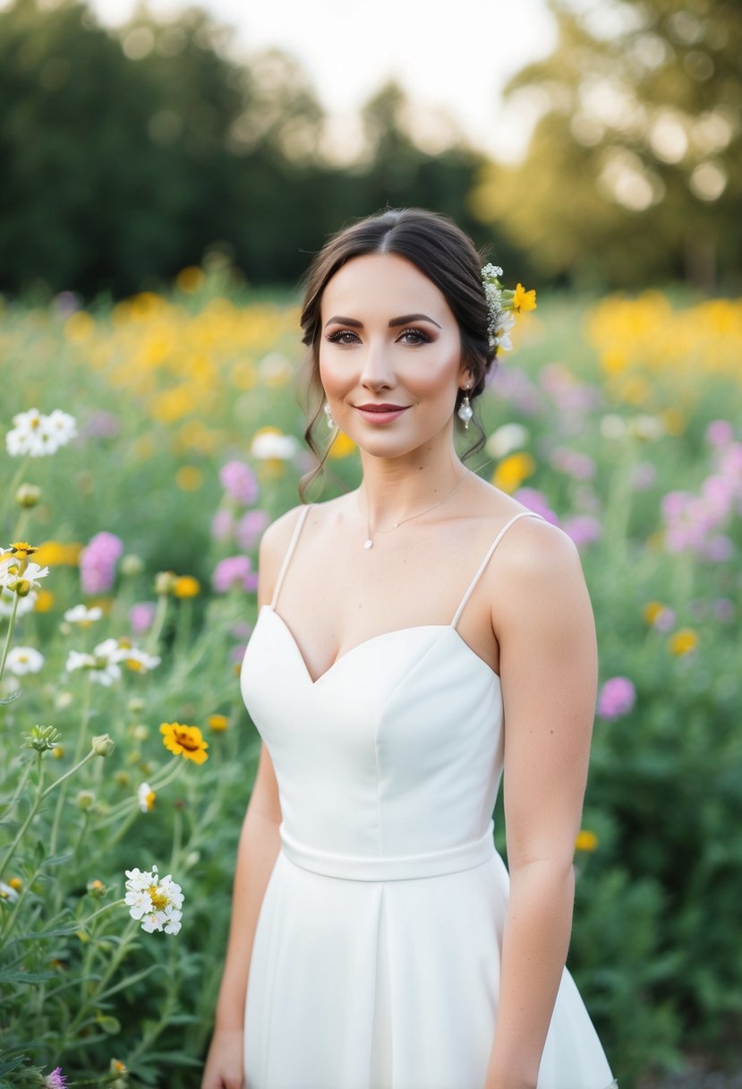 A bride wearing a simple white dress, surrounded by blooming wildflowers and greenery, with a soft and natural makeup look