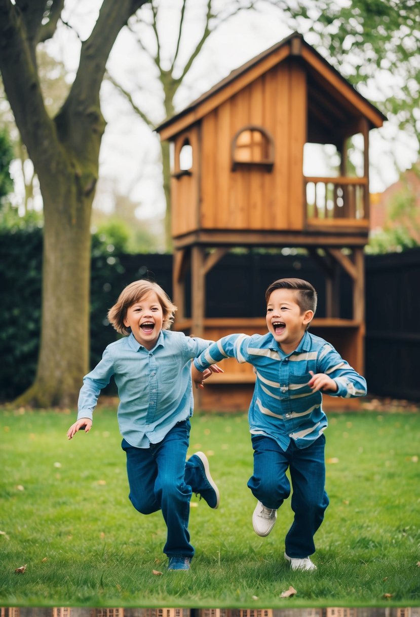 Two siblings playing in a backyard, laughing and chasing each other. A treehouse in the background symbolizes their bond