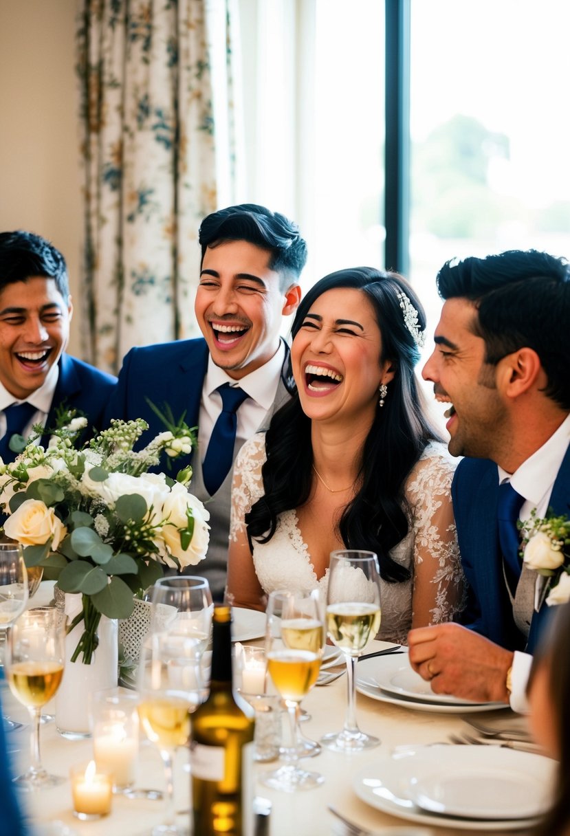 A group of siblings laughing together at a family gathering, reminiscing about a funny childhood memory during a wedding speech for their brother