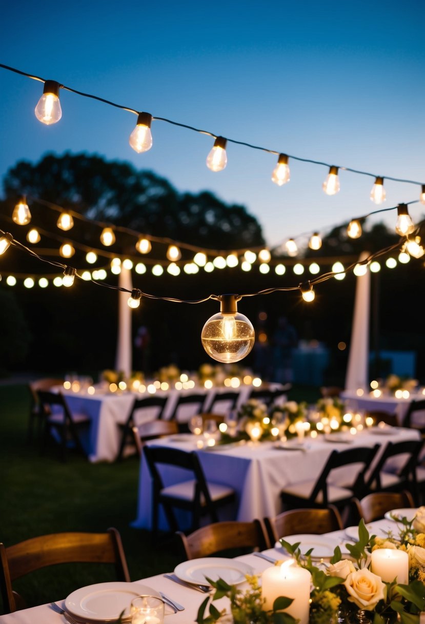 A wedding reception at dusk with solar-powered string lights illuminating the outdoor venue, creating a sustainable and romantic ambiance