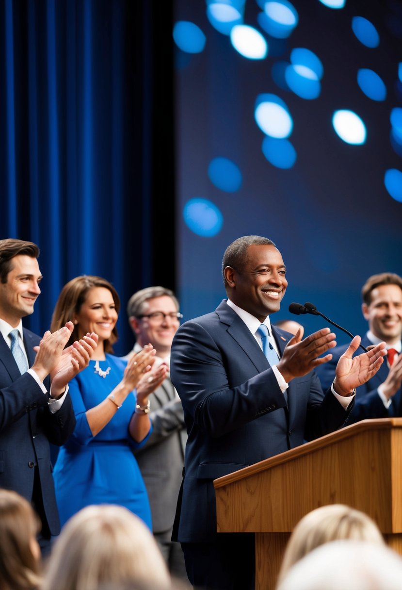 A group of people clapping and smiling, while a man stands at a podium with a proud and grateful expression