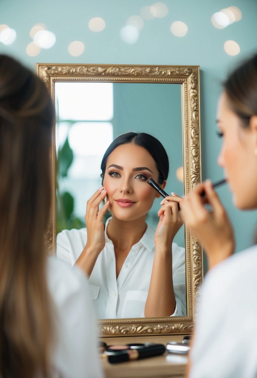 A woman applying natural makeup in front of a mirror