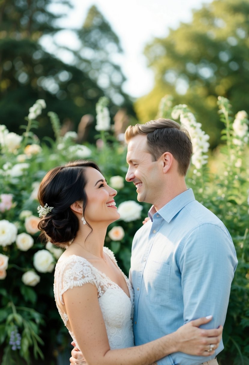 A couple standing close, smiling naturally at each other, surrounded by wedding flowers and greenery