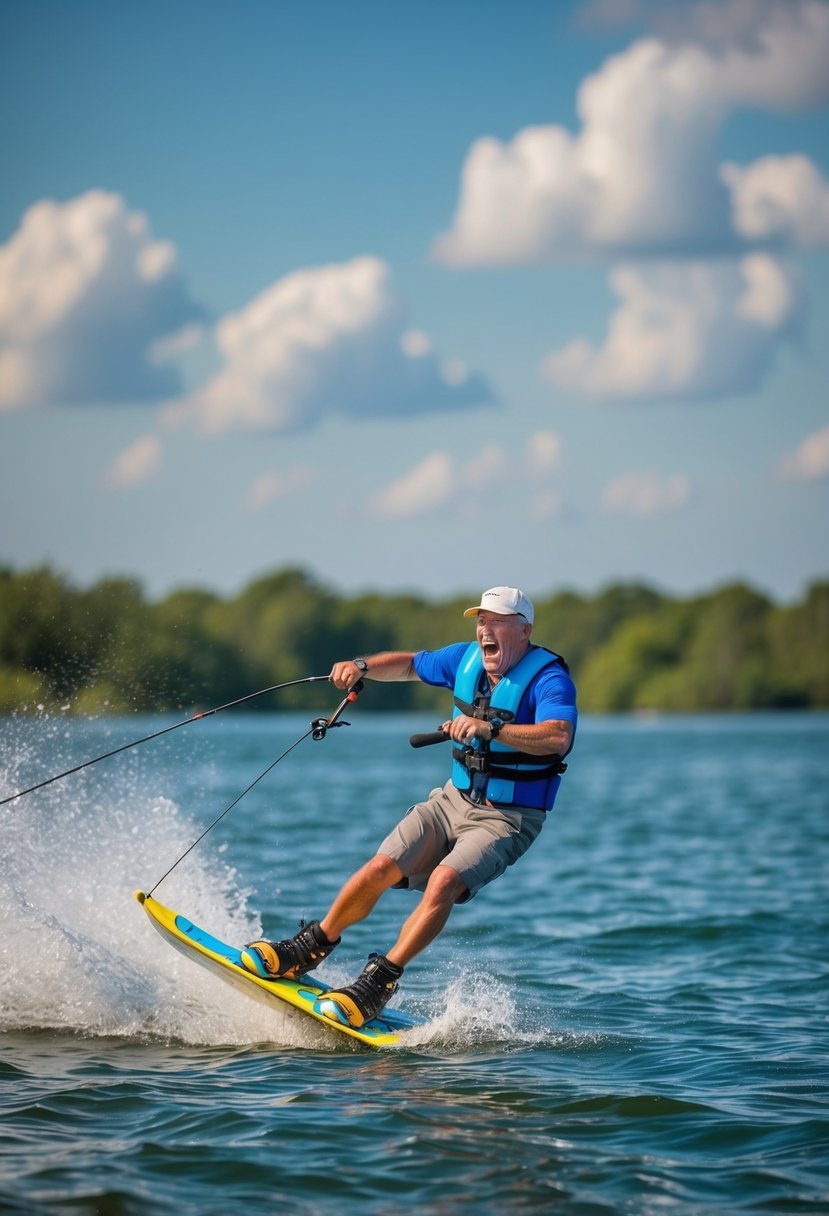 A family vacation gone wrong: Dad's attempt at waterskiing ends with a comical wipeout, leaving everyone in stitches