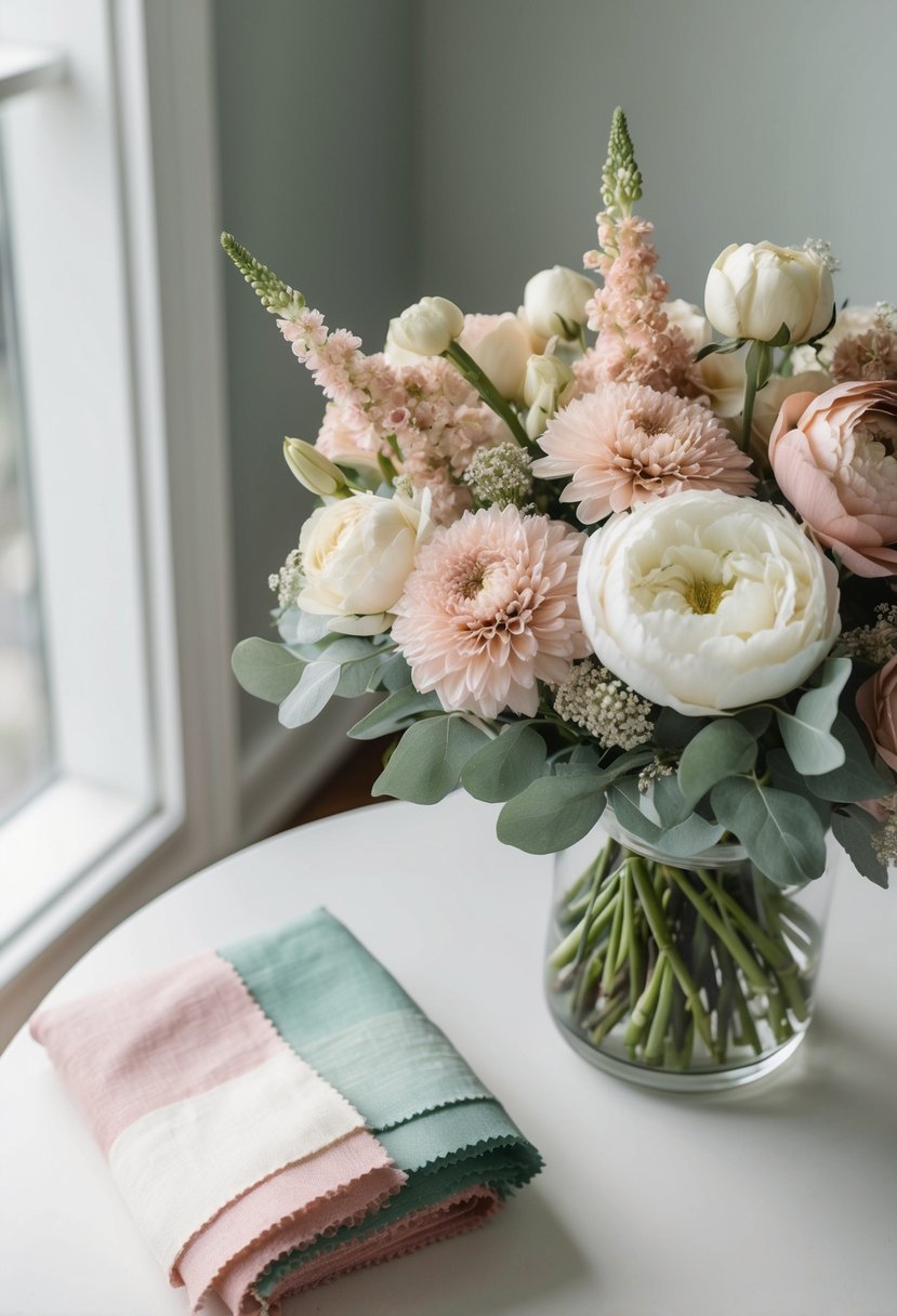 A bouquet of flowers in shades of blush, ivory, and sage sits on a table next to a swatch of fabric in matching colors