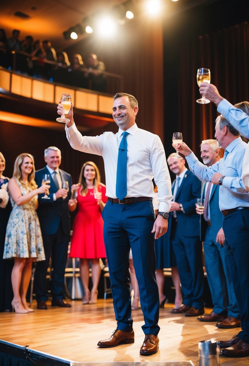 A man standing on a stage, smiling and raising a glass in a toast. A warm and supportive atmosphere with friends and family gathered around