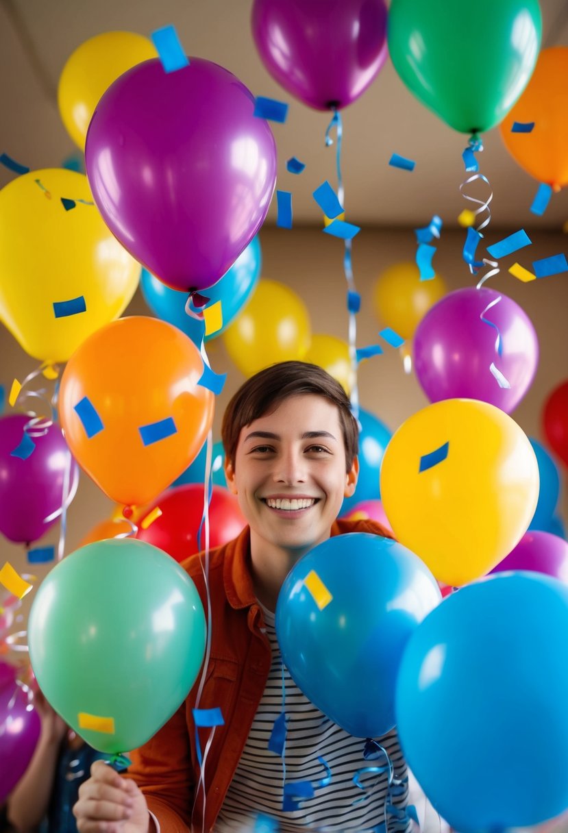 A group of colorful balloons and confetti flying through the air, with a big, bright smile on a face