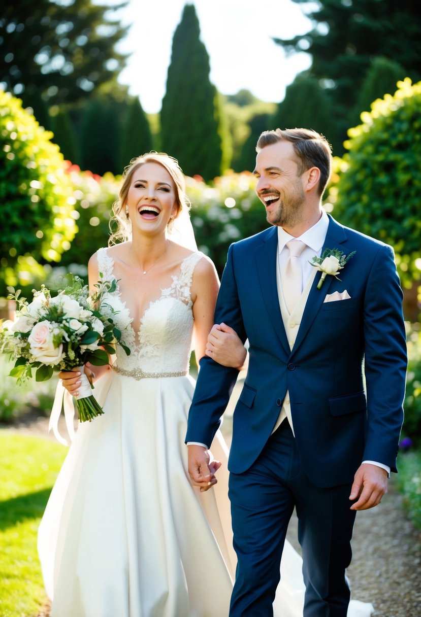 A bride and groom laughing together while walking through a sunlit garden