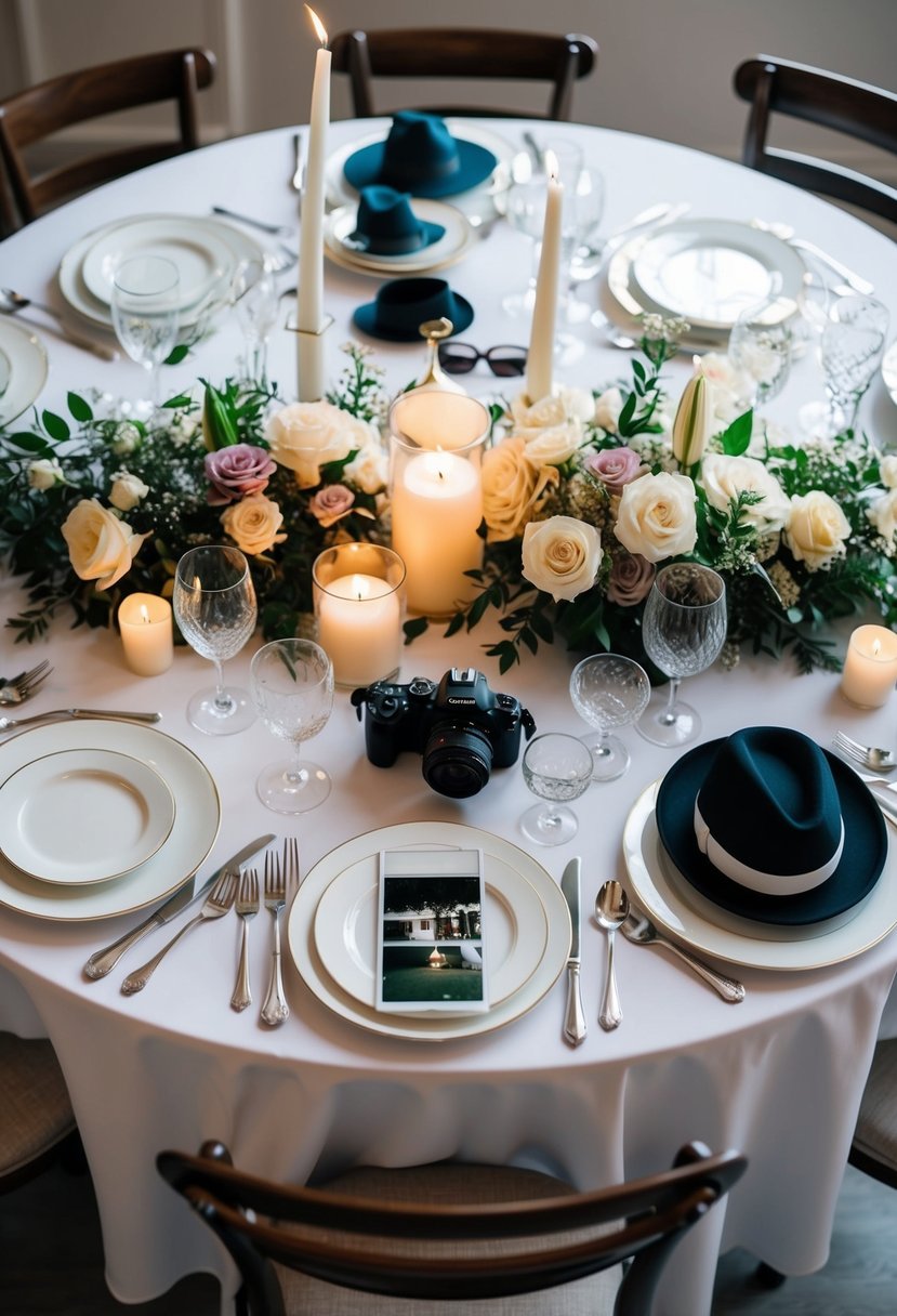 A table set with elegant dinnerware, flowers, and candles. A camera, tripod, and various props like hats and sunglasses are arranged for use in wedding photos