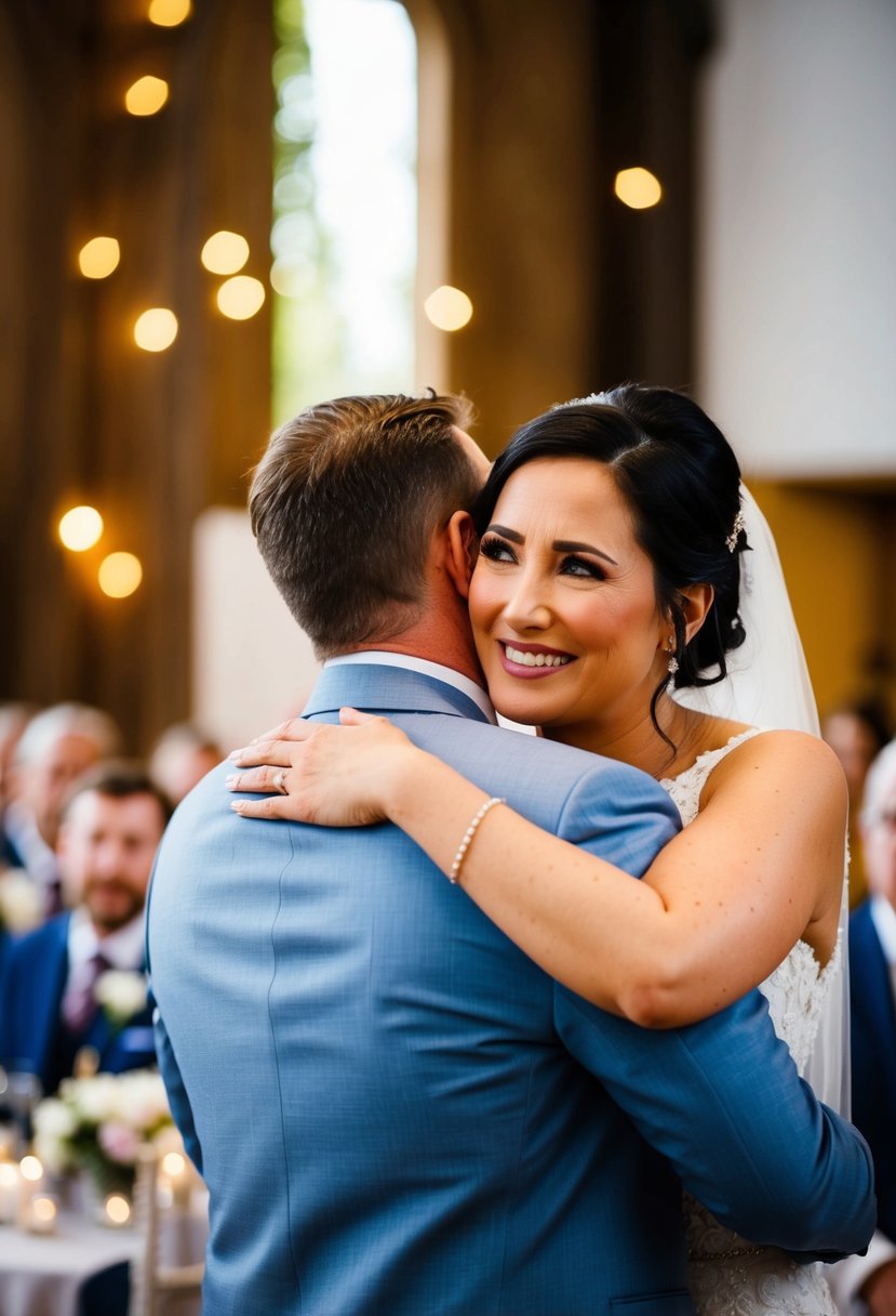 A man embraces a teary-eyed woman, offering a comforting smile during a heartfelt speech at a wedding