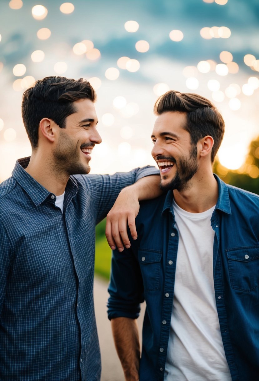 Two brothers standing side by side, one with a hand on the other's shoulder, sharing heartfelt advice and laughter