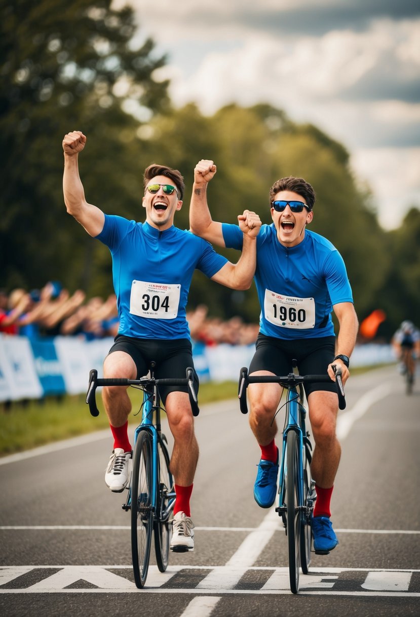 Two brothers competing in a friendly race, cheering each other on and celebrating together at the finish line