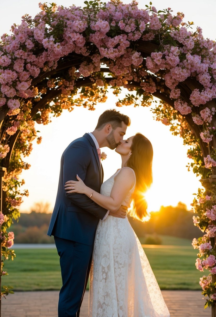 A couple stands under a blooming arch, leaning in for a kiss. The sun sets behind them, casting a warm glow on the scene