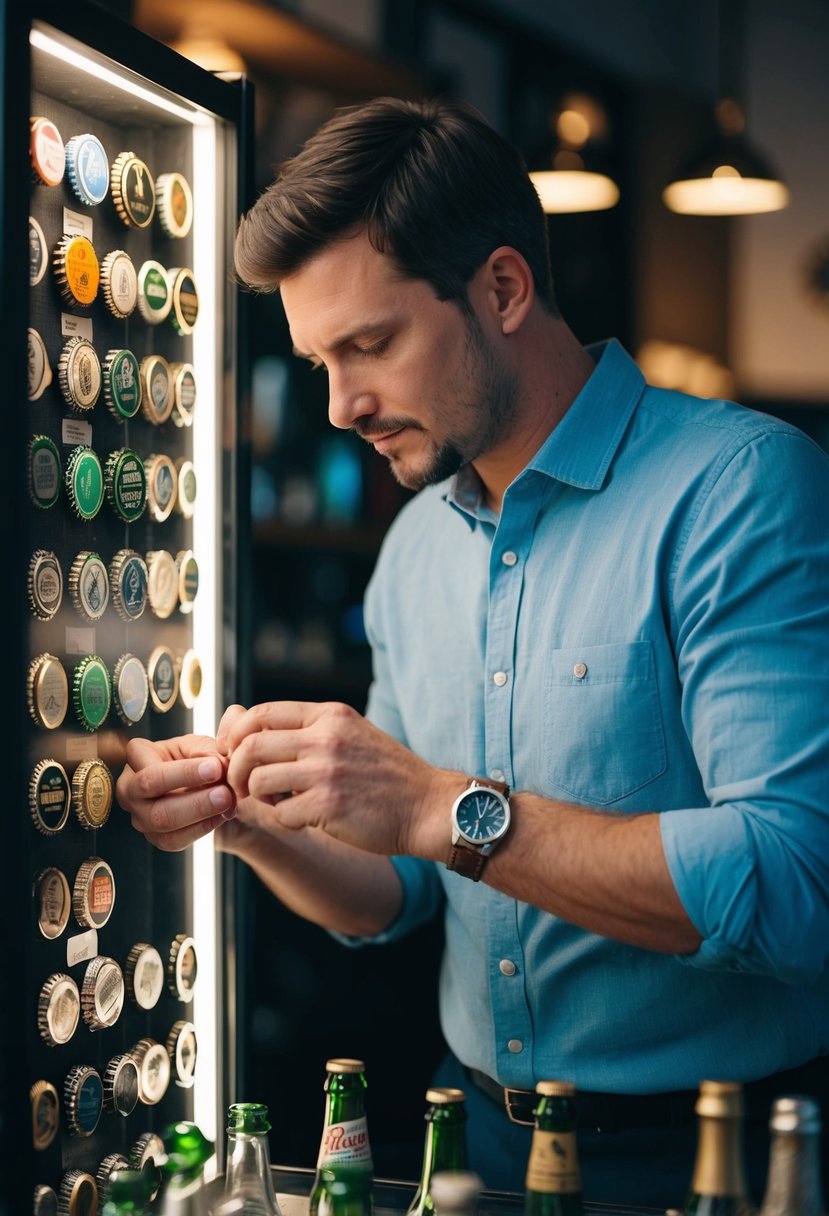 A man meticulously arranging a collection of vintage bottle caps in a display case