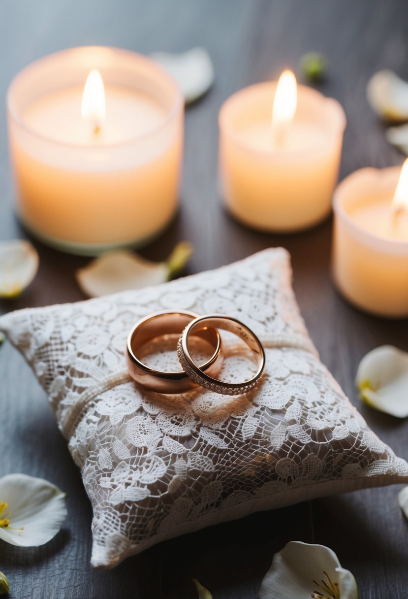 A couple of wedding rings resting on a lace pillow, surrounded by soft candlelight and delicate flower petals