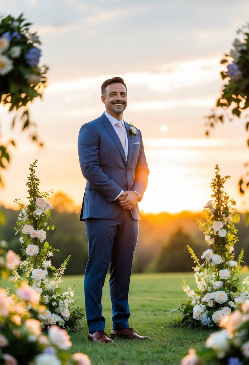 A groom standing tall with a beaming smile, surrounded by blooming flowers and a glowing sunset, exuding confidence and excitement for his new journey as a husband