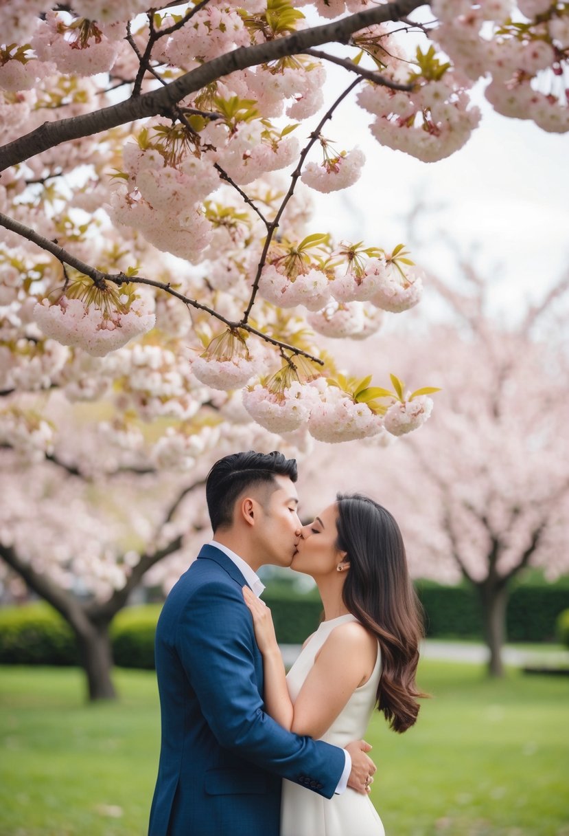 A couple kissing under a blooming cherry blossom tree in a serene garden