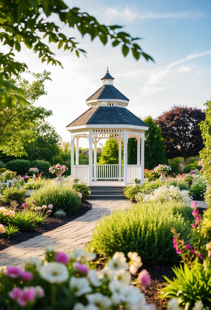 A serene garden with blooming flowers and a picturesque gazebo, perfect for wedding photos