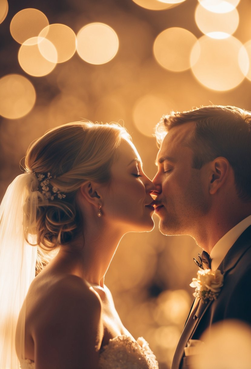 A warm, soft glow illuminates a tender wedding kiss, casting a romantic and intimate atmosphere