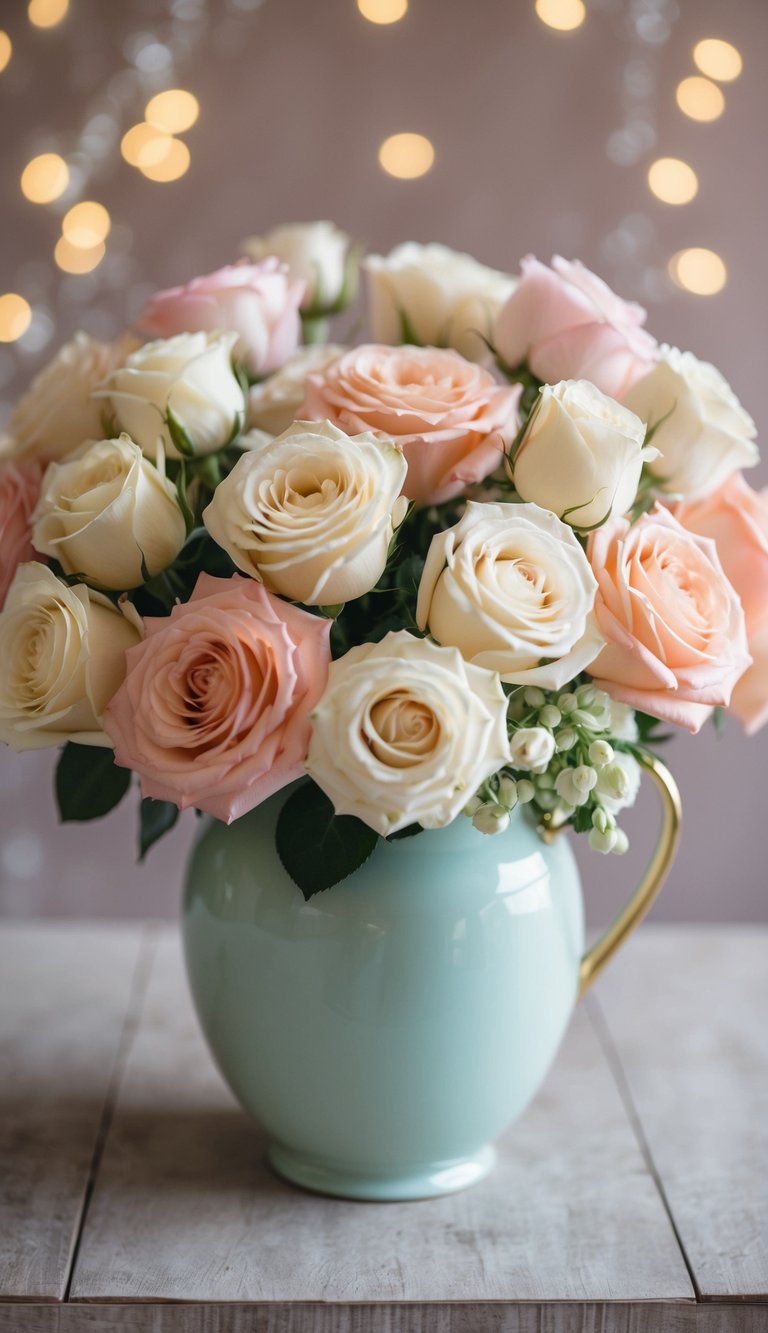 A vase filled with pastel roses in cream and coral hues, arranged in various bouquet ideas