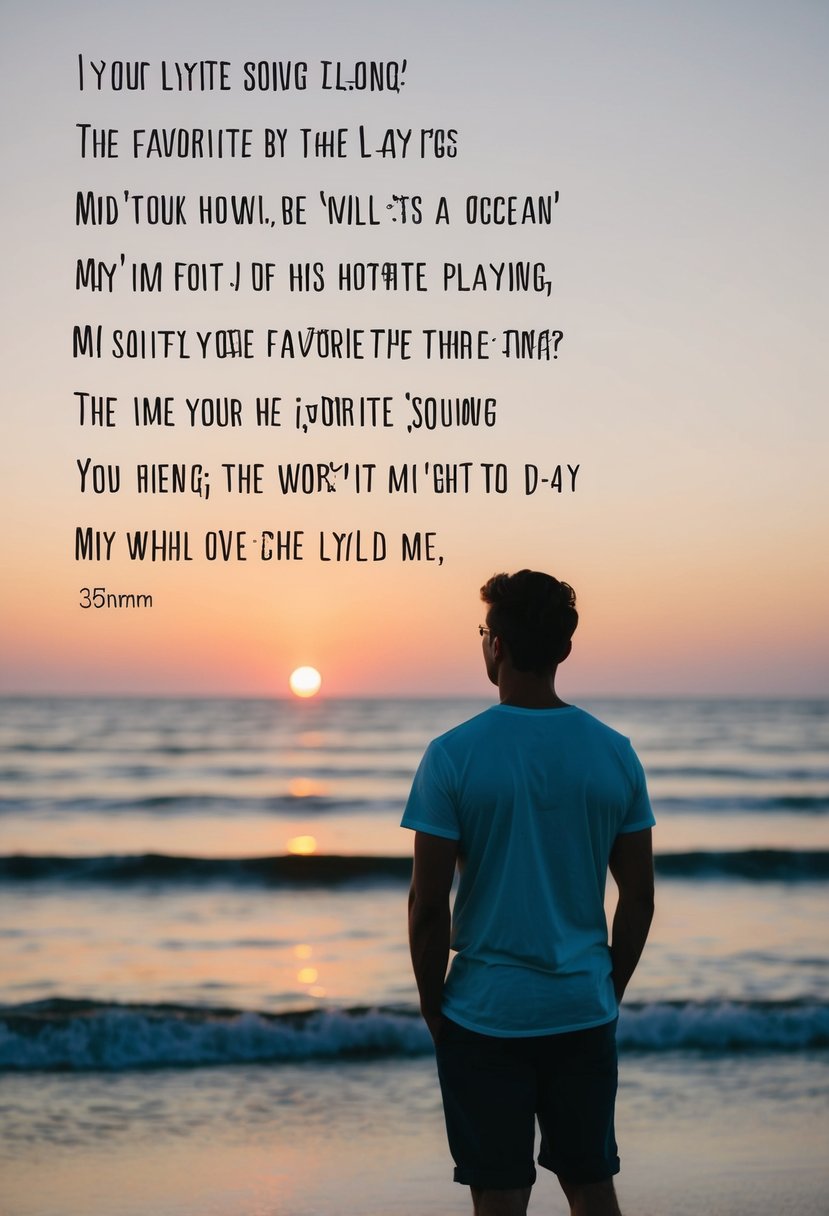 A serene beach at sunset, with a lone figure gazing out at the ocean, the lyrics of his favorite song softly playing in the background