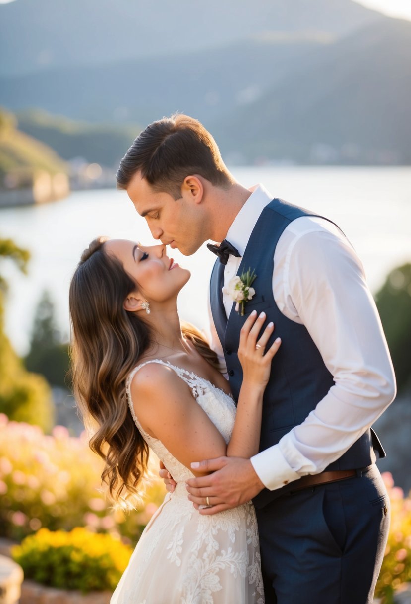 A couple standing in a romantic setting, leaning in for a kiss with soft lighting and a picturesque backdrop