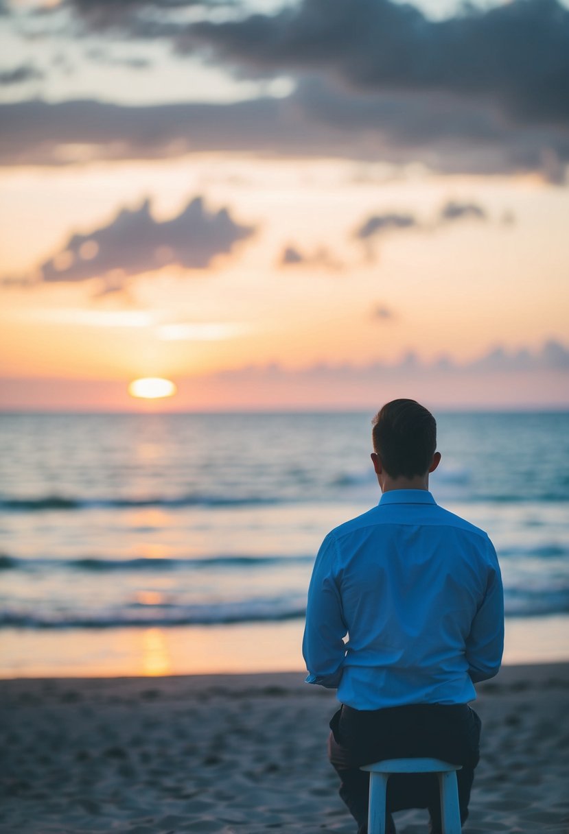 A serene beach at sunset, with a lone figure gazing out at the horizon, contemplating his heartfelt wish for his brother's future wedding speech