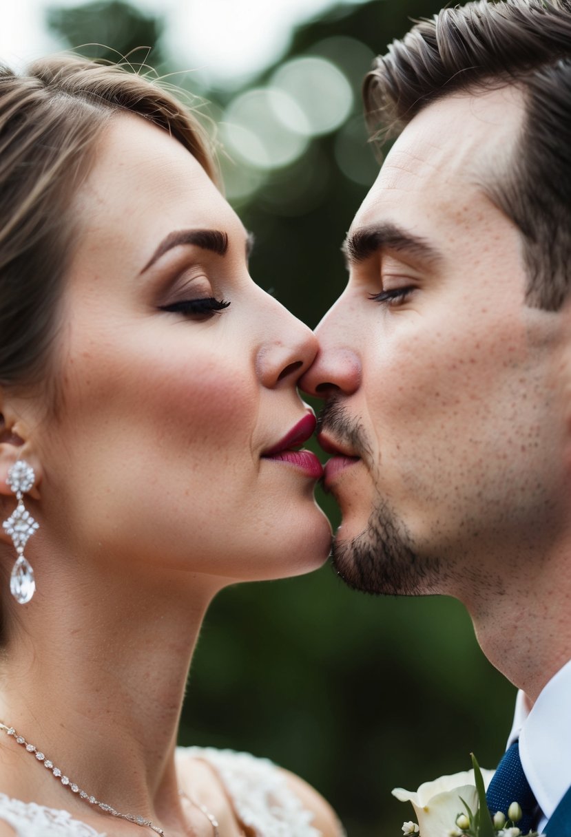 A couple's lips gently touching in a romantic wedding kiss