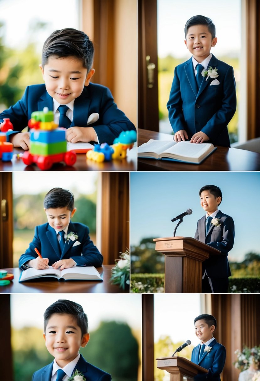 A series of photos showing a boy playing with toys, studying, and eventually standing at a wedding podium