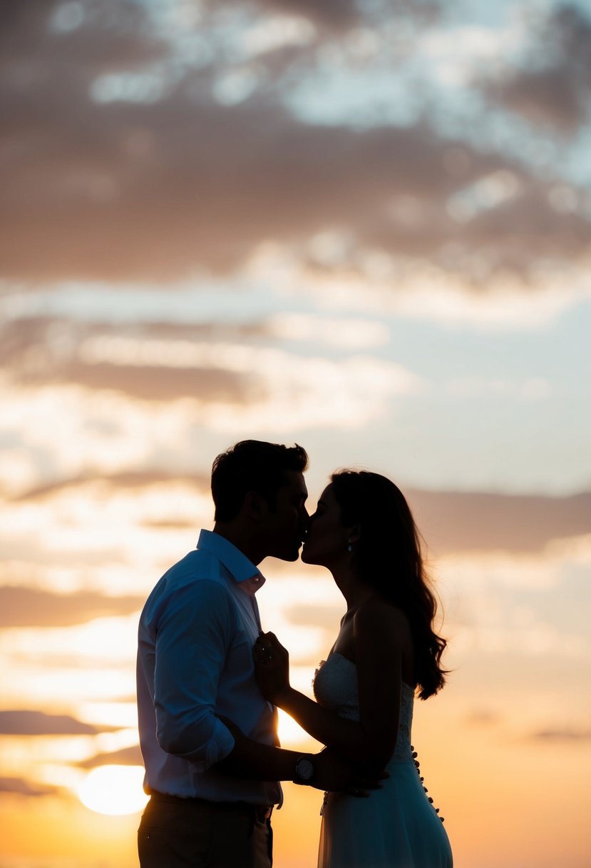 A couple's silhouettes lean in for a kiss, with their hands gently clasped together in front of a scenic sunset backdrop